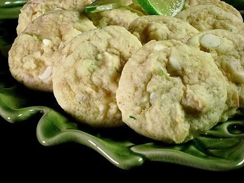 /></span></span><br/> <br/> <br/> <br/> LIME, WHITE CHOCOLATE, MACADAMIA NUT COOKIES<br/> (Source: Nicole @ Baking Bites)<br/> <br/> 2/3 c. butter, room temperature<br/> 1 c. white sugar<br/> 2 large eggs<br/> 1 Tbsp. lime zest (1 large lime)<br/> 2 1/4 c. all purpose flour<br/> 1/2 tsp. baking powder<br/> 1/2 tsp. baking soda<br/> 1/2 tsp. salt<br/> 3/4 c. white chocolate chips<br/> 3/4 c. chopped, toasted macadamia nuts<br/> <br/> Preheat oven to 350 degrees. Line baking sheets with parchment paper, or lightly spray the sheets with nonstick cooking spray.<br/> <br/> In a large bowl, cream together butter and sugar until creamy. Add eggs one at a time, beating well after each addition. Add lime zest; mix well.<br/> <br/> In a medium bowl, whisk together flour, baking powder, baking soda and salt.<br/> <br/> Stir flour mixture into creamed mixture, stirring just until combined. Stir in white chocolate chips and macadamia nuts.<br/> <br/> Drop dough by tablespoonfuls onto prepared pans, making approximately 1